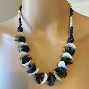 Vintage Black White Lucite Wooden Beaded Necklace Chunky Native
